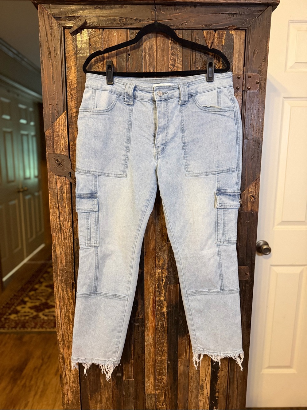 KanCan Cargo Jeans Women 13/30 Light Wash Raw Hem Utility Y2K Stretch Denim